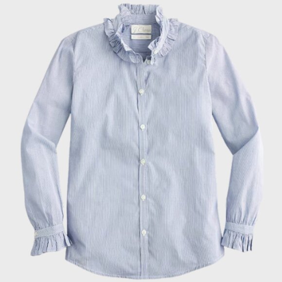 J. Crew Classic-fit Ruffleneck Shirt in Blue White Stripe Size 8 NWT Preppy - Picture 2 of 9